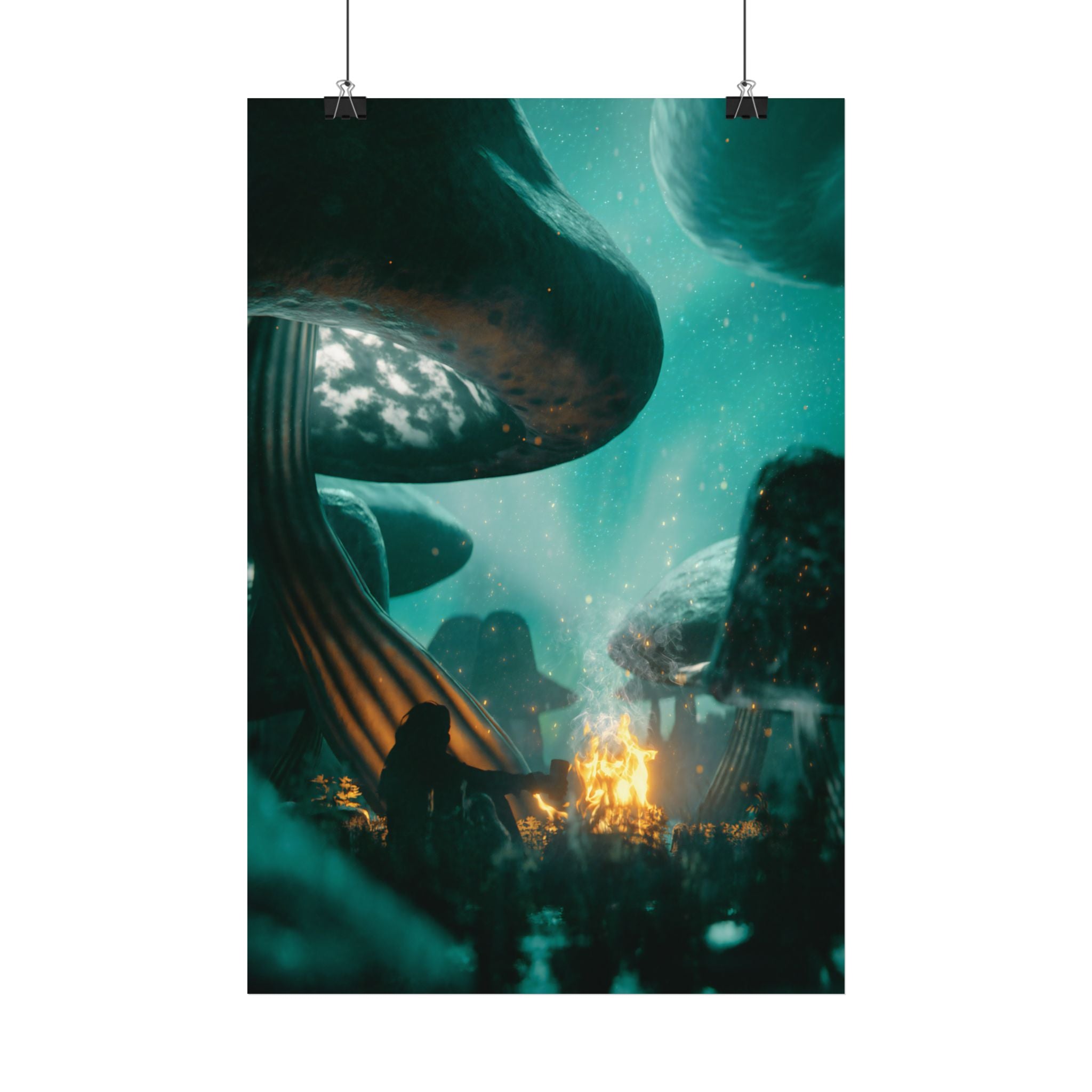 Satin Poster — Dreamscape Mushroom Campfire Art Print